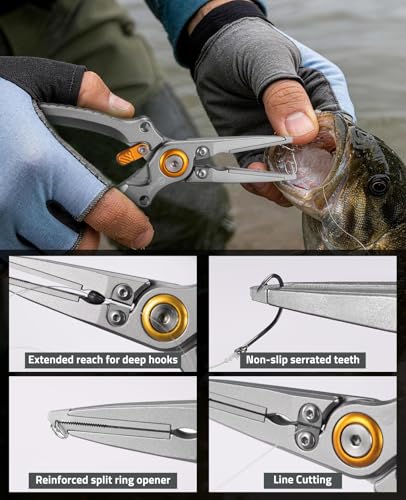 CVLIFE Fishing Pliers, Saltwater Hook Remover Kit, 7.5 Inch Aluminum Split Ring Pliers for Fishing with 17-4 PH Stainless Steel Jaws, Sheath, Tungsten Cutters Hook Sharpener & S-Carabiner - color: Silver