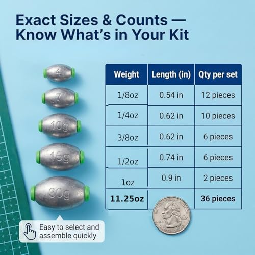 5size 36pcs/52pcs Egg Weights Kit – Slip Sinkers Assortment 1/8oz–1oz, Options, Fishing Weights Smooth Plastic‑Lined Large Bore, Partitioned Tackle Box, Fishing Weights for Shore & Boat - size: 36 Pack – 1/8oz to 1oz