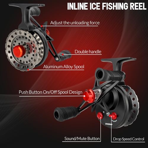 QualyQualy Ice Fishing Rod Reel Combo Complete Set Ice Fishing Gear with Backpack Seat Ice Cleats Ice Fishing Jigs Line Full Ice Fishing Kit 24" 26" - style: 26" Inline Reel-right Hand