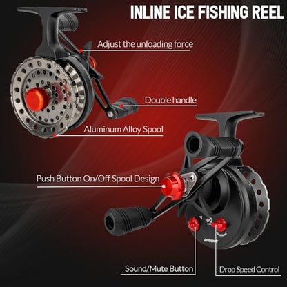 QualyQualy Ice Fishing Rod Reel Combo Complete Set Ice Fishing Gear with Backpack Seat Ice Cleats Ice Fishing Jigs Line Full Ice Fishing Kit 24" 26" - style: 26" Inline Reel-right Hand
