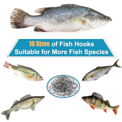 500PCS/100PCS ReeMoo Premium Fishing Hooks, 10 Sizes/4 Sizes Carbon Steel Fishing Hooks W/Portable Plastic Box, Strong Sharp Fish Hook with Barbs for Freshwater/Seawater - style: 500pcs