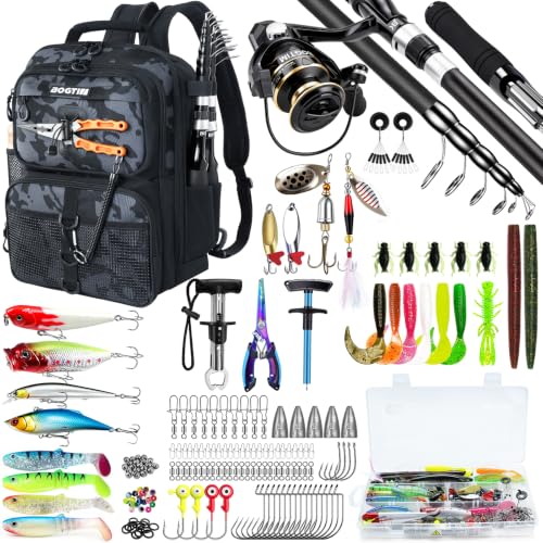 Fishing Backpack with Fish Rod & Lures Kit Lightweight 25L Tackle Bag with Fishing Gear and Tackle Boxes, Fish Gifts for Men Woman-Black Camo Backpack - color: Black Camo Backpack