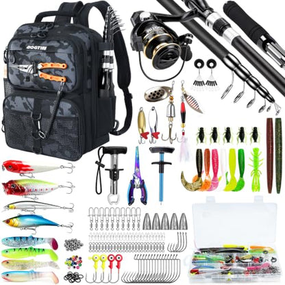 Fishing Backpack with Fish Rod & Lures Kit Lightweight 25L Tackle Bag with Fishing Gear and Tackle Boxes, Fish Gifts for Men Woman-Black Camo Backpack - color: Black Camo Backpack