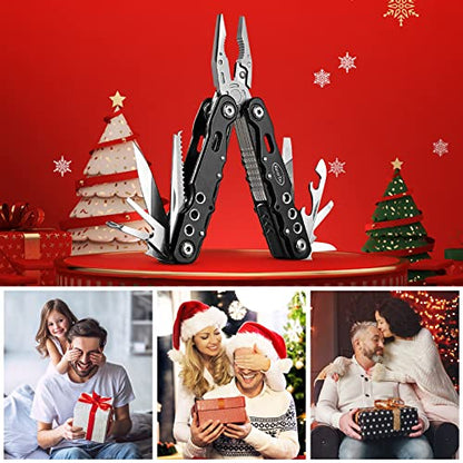 RoverTac Multitool Pliers Pocket Knife, 14 in 1 Multi Tool Knife Pliers Saw Bottle Opener Safety Lock Nylon Sheath, Camping Hiking Gear Multitool for Camping Survival Hiking DIY, Gifts for Men Dad - color: Black