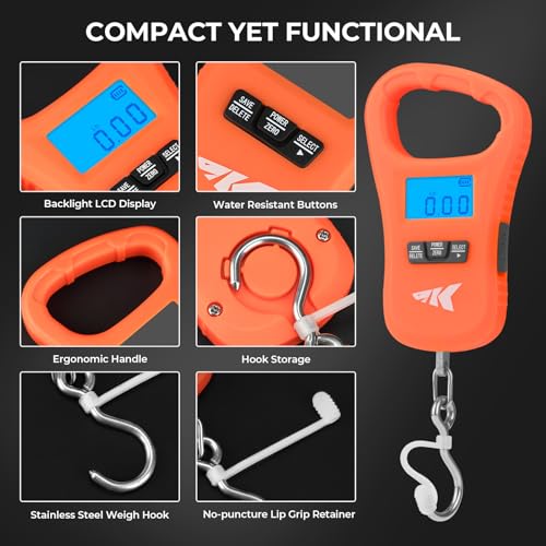 KastKing ToughTide Fishing Scale, USB Charging, 65lb Capacity, Ultra-Thin Digital Fish Scale, LCD Display, Ergonomic Handle, Fish Scales Digital Weight, Fishing Accessories for Men - color: D: Orange Combo