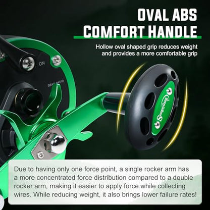 Sougayilang Round Baitcasting Fishing Reel –CNC Machined Aluminum Body Catfish Reel with 25LB Max Drag, Waterproof Trolling Reel with Level Wind & Magnetic Braking System for Musky Bass Pike - color: green-right handle