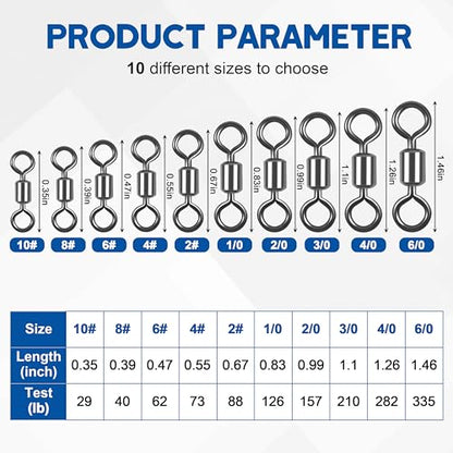 Rolling Barrel Fishing Swivel,120pcs Stainless Steel Black Nickel Fishing Line Connector Swivels Fishing Tackle for Saltwater 30LB to 335LB - size: 120pcs 6/0-335lb