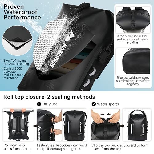 MARCHWAY Roll Top Waterproof Backpack, Floating Dry Bag 20L/30L/45L with Ergonomic Rectangular Base, Cushioned Back, Hip Strap for Hiking Camping Kayaking Travel (Black, 30L) - color: Black, size: 30L