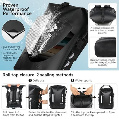 MARCHWAY Roll Top Waterproof Backpack, Floating Dry Bag 20L/30L/45L with Ergonomic Rectangular Base, Cushioned Back, Hip Strap for Hiking Camping Kayaking Travel (Black, 30L) - color: Black, size: 30L