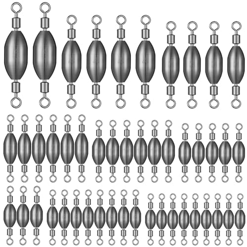 Seenelling 48 Pcs Trolling Sinkers with Swivels Brass Fishing Sinker Different Sizes Egg Sinkers Fishing Weights Saltwater Bullet Sinker with Swivel Rolling Removable Freshwater - size: 8 Sizes