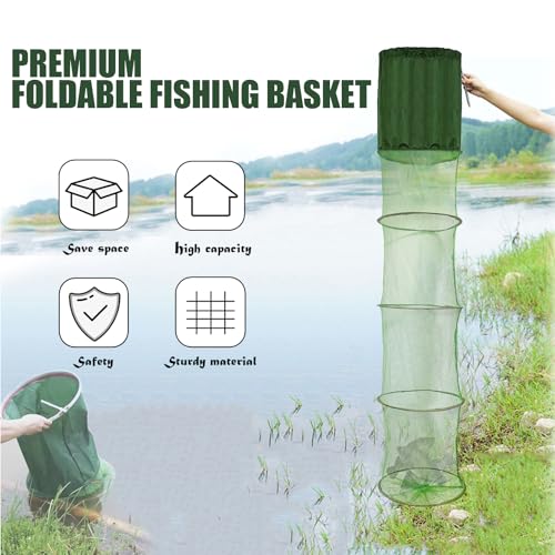 Portable Foldable Fish Basket, Collapsible Nylon Cage Basket, Fish Alive Keeping Net with Anchor Bolt for Minnows,Lobster,Crawfish, Shrimp etc-Green (54X12 in)