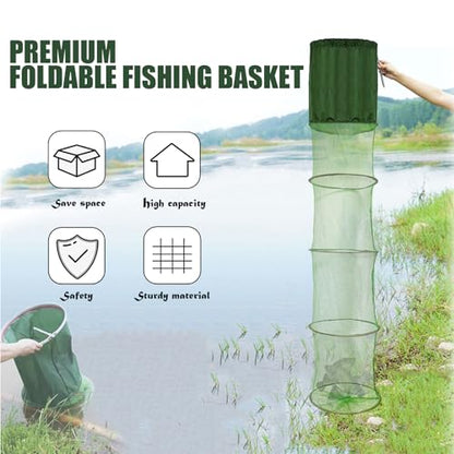 Portable Foldable Fish Basket, Collapsible Nylon Cage Basket, Fish Alive Keeping Net with Anchor Bolt for Minnows,Lobster,Crawfish, Shrimp etc-Green (54X12 in)