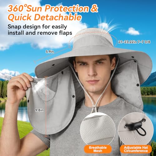 Super Wide Brim Fishing Hat UPF 50+ Sun Safari Hat with Removable Neck Face Flap - color: Light Grey