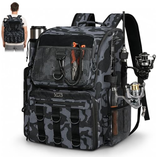 MGB 46L Fishing Tackle Backpack with 2 Rod Holders & YKK Zipper Storage Fishing Gear and Equipment, Gifts for Men Father - color: Blue+Black Camo（without Tackle Box）