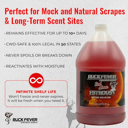 Buck Fever Red Moon Estrous – Synthetically Formulated Deer Liquid Attractant – Non-Spoiling, Sweet Synthetic Buck Attractant Scent – Moisture Reactivated Mature Rutting Buck Scent - size: 1 Gallon