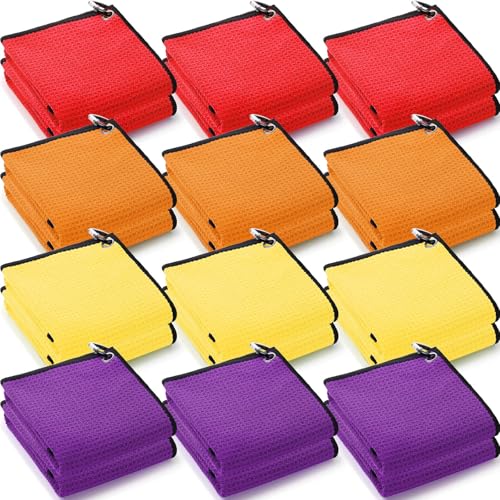 Batiyeer 12 Pcs Golf Towel Bulk for Golf Bags Microfiber Fabric Towel with Clip Waffle Pattern, Fitness, Camping, Hiking, Yoga - color: Red, Yellow, Orange, Purple