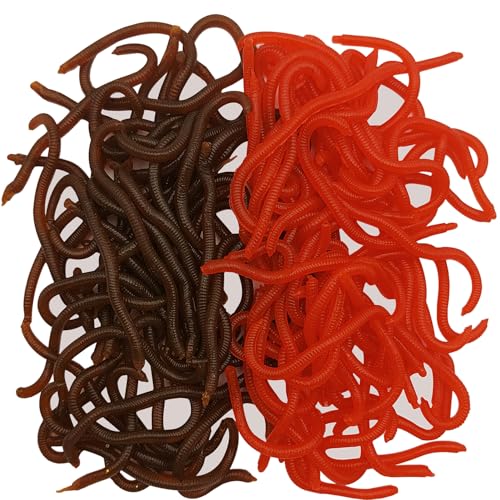 100 Pcs 3.3inch Soft Worms Fishing Lure Baits, Earthworm Baits Lifelike Fake Bloodworm,Fresh Water Fishing Bait - color: Red+Brown