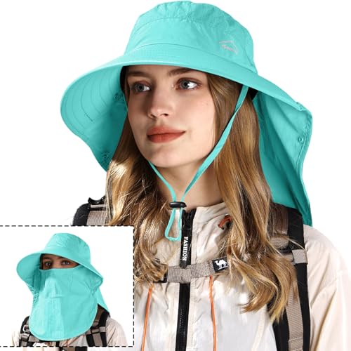 Rosoz Sun Hat for Men Women with Neck Flap,Wide Brim UPF50+ Fishing Hat with Detachable Face Cover Outdoor Sun Protection Hat - color: 1pack-aqua