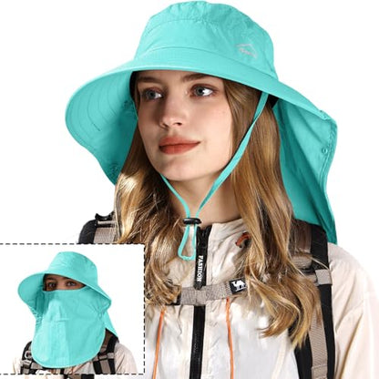 Rosoz Sun Hat for Men Women with Neck Flap,Wide Brim UPF50+ Fishing Hat with Detachable Face Cover Outdoor Sun Protection Hat - color: 1pack-aqua