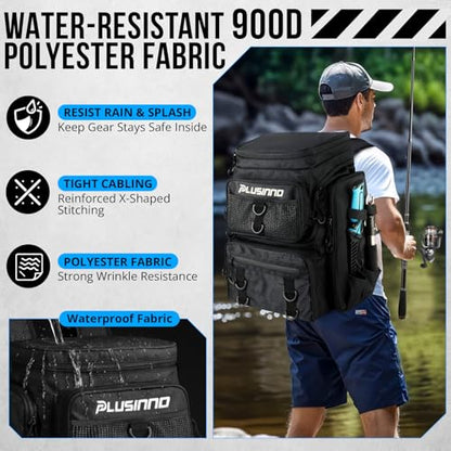 PLUSINNO Fishing Tackle Backpack with Rod Holders，42L Water-resistant Fishing Bag Store Fishing Gear,Fish Gifts For Men. - color: Black With Tackle Boxes