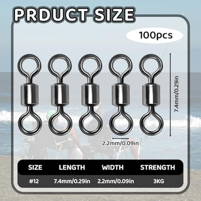 100 PCS Micro Swivels for Fly Fishing – Small Stainless Steel Rolling Barrel Swivels, High Strength Fishing Swivel Hook Line Connector with Black Coating for Saltwater Freshwater