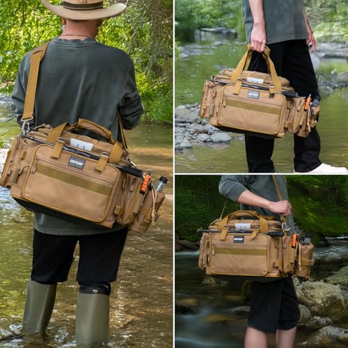 Goture Fishing Tackle Bag with 4pcs 3600 Tackle Boxes, 600D Water-Resistant Soft Side Saltwater Gear Storage Fishing Bag with Rod Straps, Detachable Water Bottle Pouch, Waterproof Bottom, SBS Zippers - color: C2:Khaki with 4 3600 Tackle Boxes, size: Large