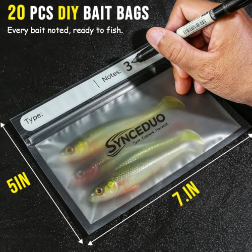 Synceuo 20pcs Soft Plastic Bait Bags, 7"x5" Reusable Bait Packaging Storage with Label Strips for Fishing Lure Making Supplies, Clear Soft Bait Binder Small Tackle Organizer - size: 7 x 5 in, 20pcs