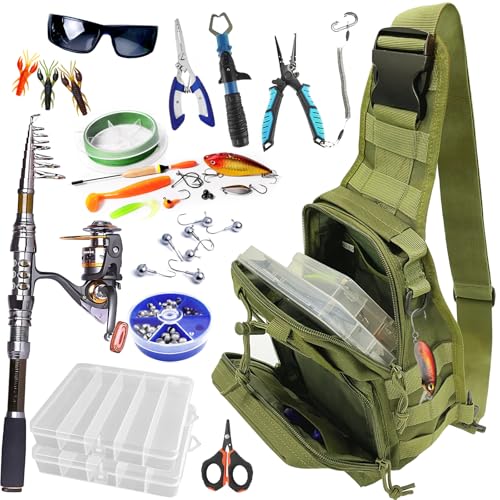 Kynzo Fishing Sling Backpack with Rod Holder, Water-Resistant Fishing Tackle Bag, Durable Shoulder Crossbody Pack for Freshwater Saltwater Fishing (B-Green) - color: B-Green
