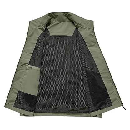 Fishing Vests for Men Lightweight Stand Collar Hiking Travel Vest - color: Army Green, size: Large