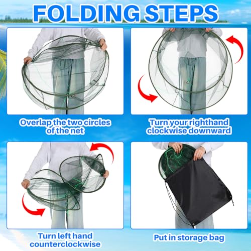 Lasnten 2 Set Portable Foldable Fishing Net Set, 2 Open Mouth Nets, 4 Bait Cages, Durable Crab Net Fish Nylon Net, Good for Freshwater & Saltwater Fishing, Includes Drawstring Bags and Safety Ropes