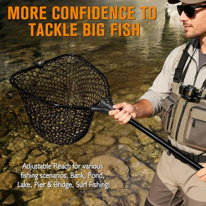 Dovesun Rubber Fishing Landing Nets Telescopic Handle Nets Folding Nets with Collapsible Handle for Catch & Release Fishing Gift 17.6" dia-13.7" Depth Black/Orange - color: Black