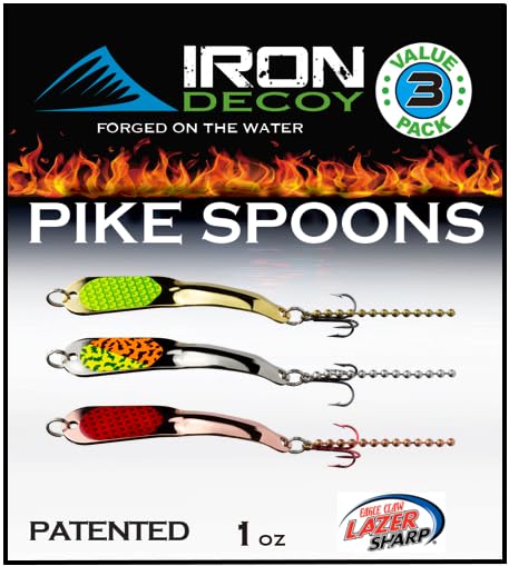 IRON DECOY Spoon Fishing Lures 3-Pack, Multi-Species Metal Spoons for Trout, Walleye, Bass, Salmon, Pike, Ice Fishing & Trolling, Vibrating Spoon Lure Kit - color: Northern Pike, 1 oz