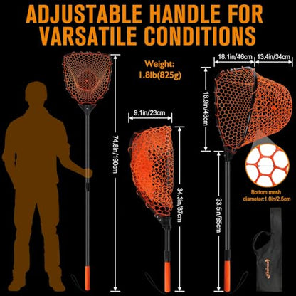 Dovesun Rubber Fishing Landing Nets Telescopic Handle Nets Folding Nets with Collapsible Handle for Catch & Release Fishing Gift 17.6" dia-13.7" Depth Black/Orange - color: Orange