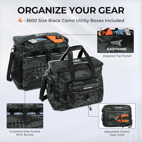 KastKing BaitSpace Fishing Tackle Bag With 4 Tackle Boxes & Removable Bait Binder, Water-Resistant Tackle Storage, Durable Fishing Gear, Adjustable Shoulder Strap - color: D: Black Camo, size: Large - 4*3600 Trays