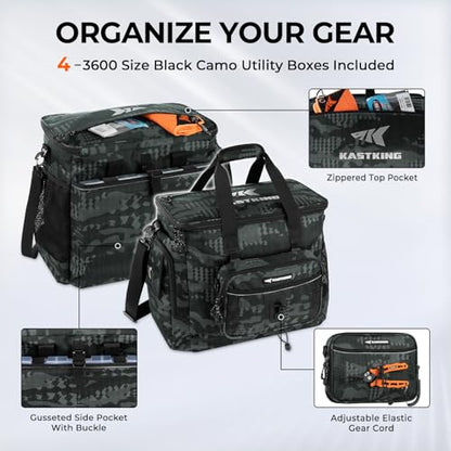 KastKing BaitSpace Fishing Tackle Bag With 4 Tackle Boxes & Removable Bait Binder, Water-Resistant Tackle Storage, Durable Fishing Gear, Adjustable Shoulder Strap - color: D: Black Camo, size: Large - 4*3600 Trays
