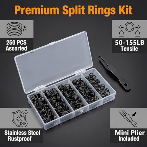 Fishing Split Rings Kit: 250pcs Heavy Duty Steel Fishing Lure Making Ring Fishing Hook Connector Tackle - color: Black Split Mini Plier Set