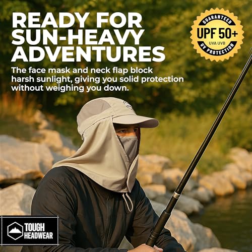 Tough Headwear Fishing Cap w/Face Mask & Neck Flap - Sun Protection Hat with UPF 50 -Landscaping Hats for Women and Men - color: Khaki
