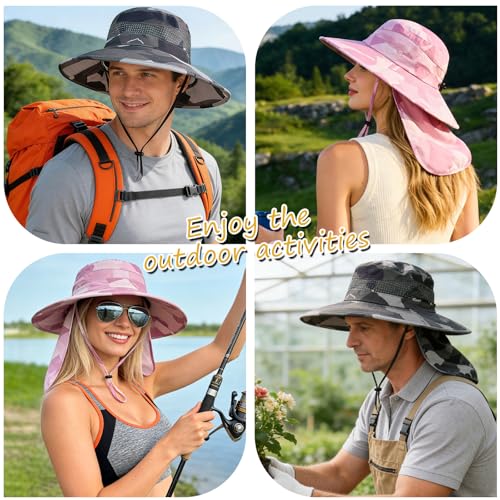 Sun Hats for Men Women, UPF50+ Protection Safari Hat,Wide Brim Fishing Hat with Neck Flap,Bucket Hats for Beach Hiking - color: Camopink