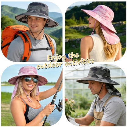 Sun Hats for Men Women, UPF50+ Protection Safari Hat,Wide Brim Fishing Hat with Neck Flap,Bucket Hats for Beach Hiking - color: Camopink