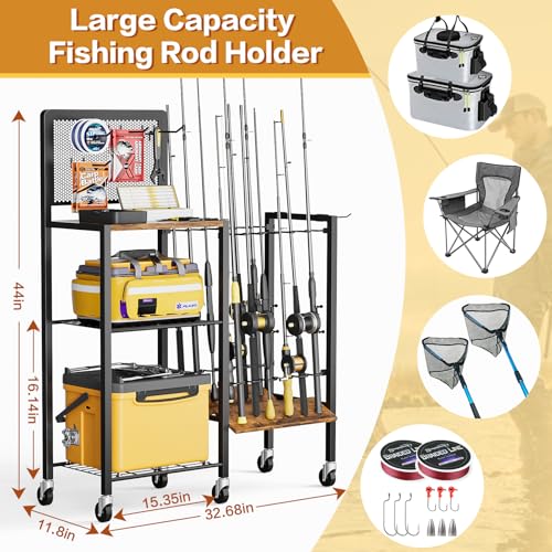 Olakee Fishing Rod Holders, Rolling Fishing Rod Rack for Garage & Boat, Tackle Box & Reel Holder Cart, Easy Assembly Fishing Gear Management System, Ideal Birthday Gift for Men Dad Anglers - color: 12 Rods,Brown