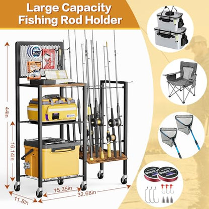 Olakee Fishing Rod Holders, Rolling Fishing Rod Rack for Garage & Boat, Tackle Box & Reel Holder Cart, Easy Assembly Fishing Gear Management System, Ideal Birthday Gift for Men Dad Anglers - color: 12 Rods,Brown
