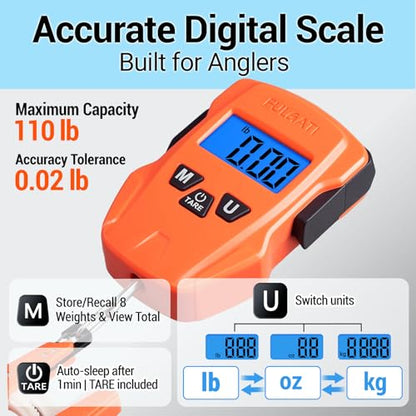 Fish Scale Digital Fishing Scale with Lip Gripper & Replaceable Hook, Auto Unit Recall, 110 lb Capacity, Memory & Total, Multi-Mode lb/oz/kg with LCD Display, Fishing Gift for Men