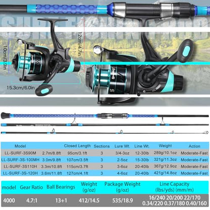 Sougayilang 3 Piece Baitfeeder Combo Surf Fishing Rod Combo Medium/Heavy Travel Spinning Rod with 4000 Size Reel (9'/10'/11'/12') - size: 12'0"