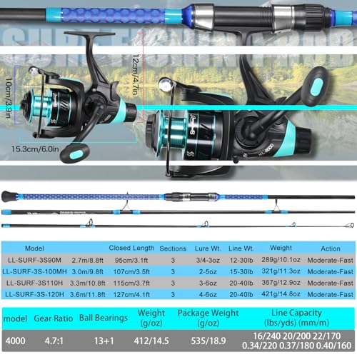 Sougayilang 3 Piece Baitfeeder Combo Surf Fishing Rod Combo Medium/Heavy Travel Spinning Rod with 4000 Size Reel (9'/10'/11'/12') - size: 10'0"