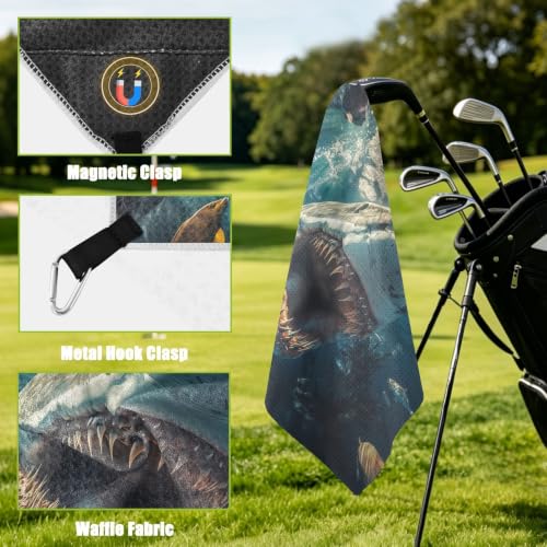 Shark Fish Pattern Magnetic Golf Towel for Golf Bags Microfiber Golf Essentials for Women Men with Carabiner Clip Attaches to Carts and Clubs, 17.7"x17.7"