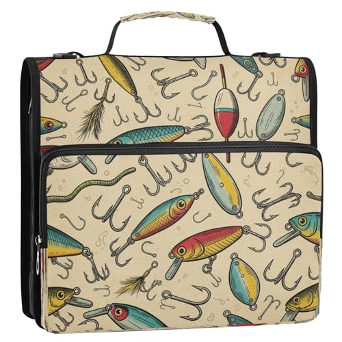 Fish Lures Hook Beige Vintage 3 Ring Zipper Binder with Strap 1.5 inch 500 Sheet Capacity File Folder Storage Organizer
