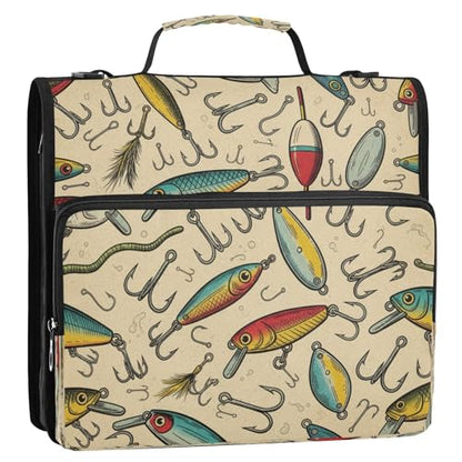 Fish Lures Hook Beige Vintage 3 Ring Zipper Binder with Strap 1.5 inch 500 Sheet Capacity File Folder Storage Organizer