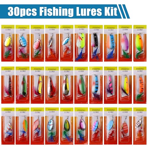 Rooster Bait Tail Fishing Lures Kit Spinner Baits Trout Lures Spoon Lures Bass Lures Hard Bait Bass Lures Crankbaits for Bass Pike Trout Salmon Crappie Walleye Fishing - color: 30pcs Fishing Lure kit