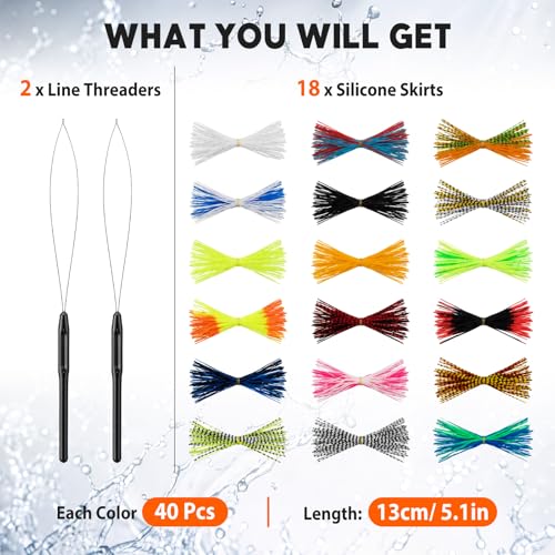 Thiccywoov 18 Silicone Skirt Legs Material for Fly Tying, 2 Pack Skirt Threader Tools, Pre-Sorted Rubber Jig Skirts in Easy-use Bundles for Jig Spinnerbait Fishing Lures Fuzzy Dice Style Bass Baits