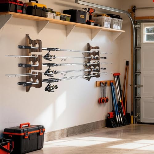 THKFISH Wood Fishing Rod Holders for Wall Ceiling, Holds Up to 7-10 fishing Pole Holders for Garage (1 set holds up 10 rods) - style: 1 set holds up 10 rods